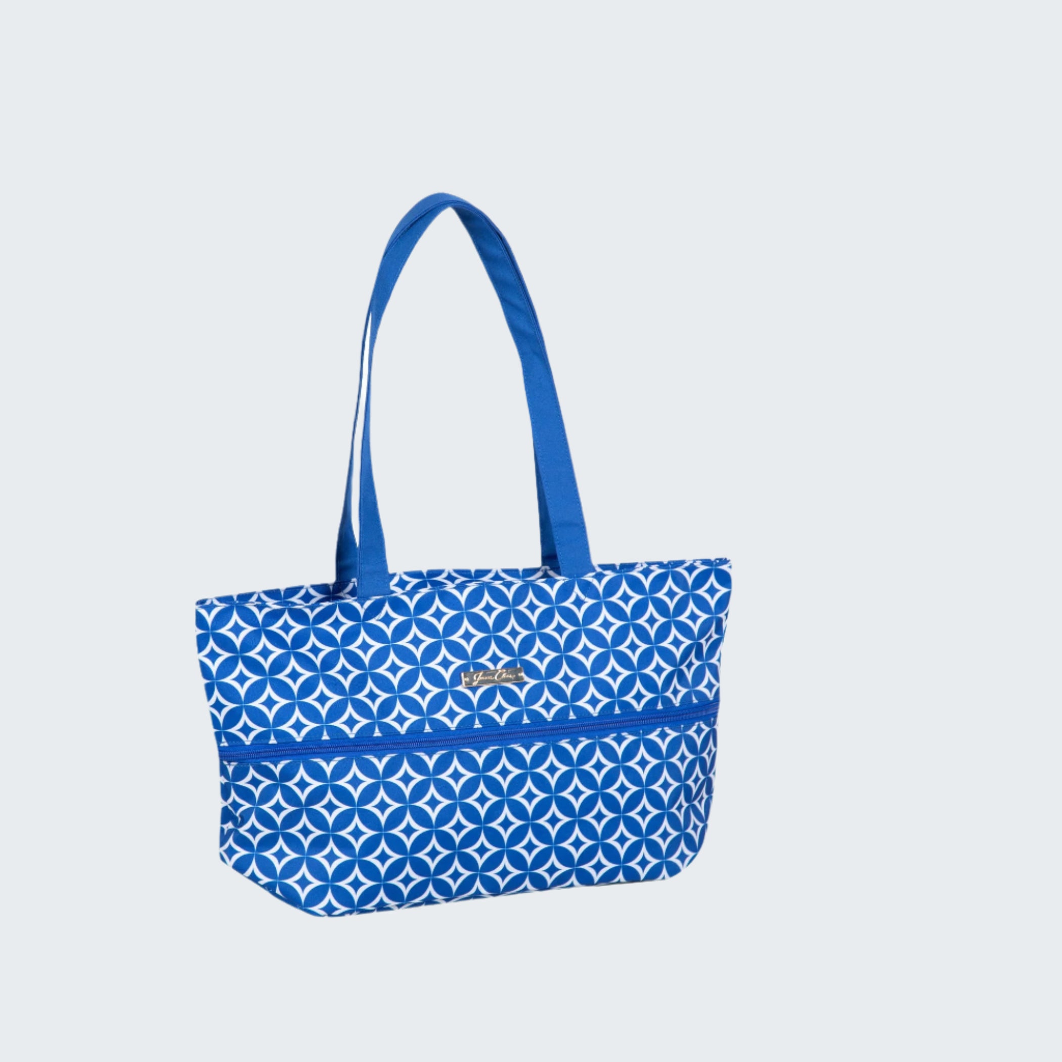 Blue patterned tote bag on a white background