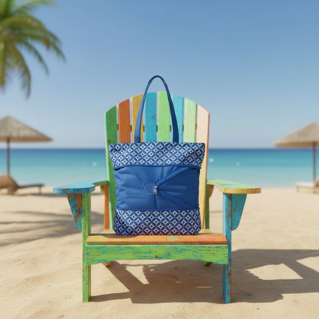 Blue tote bag with white geometric pattern on a white background