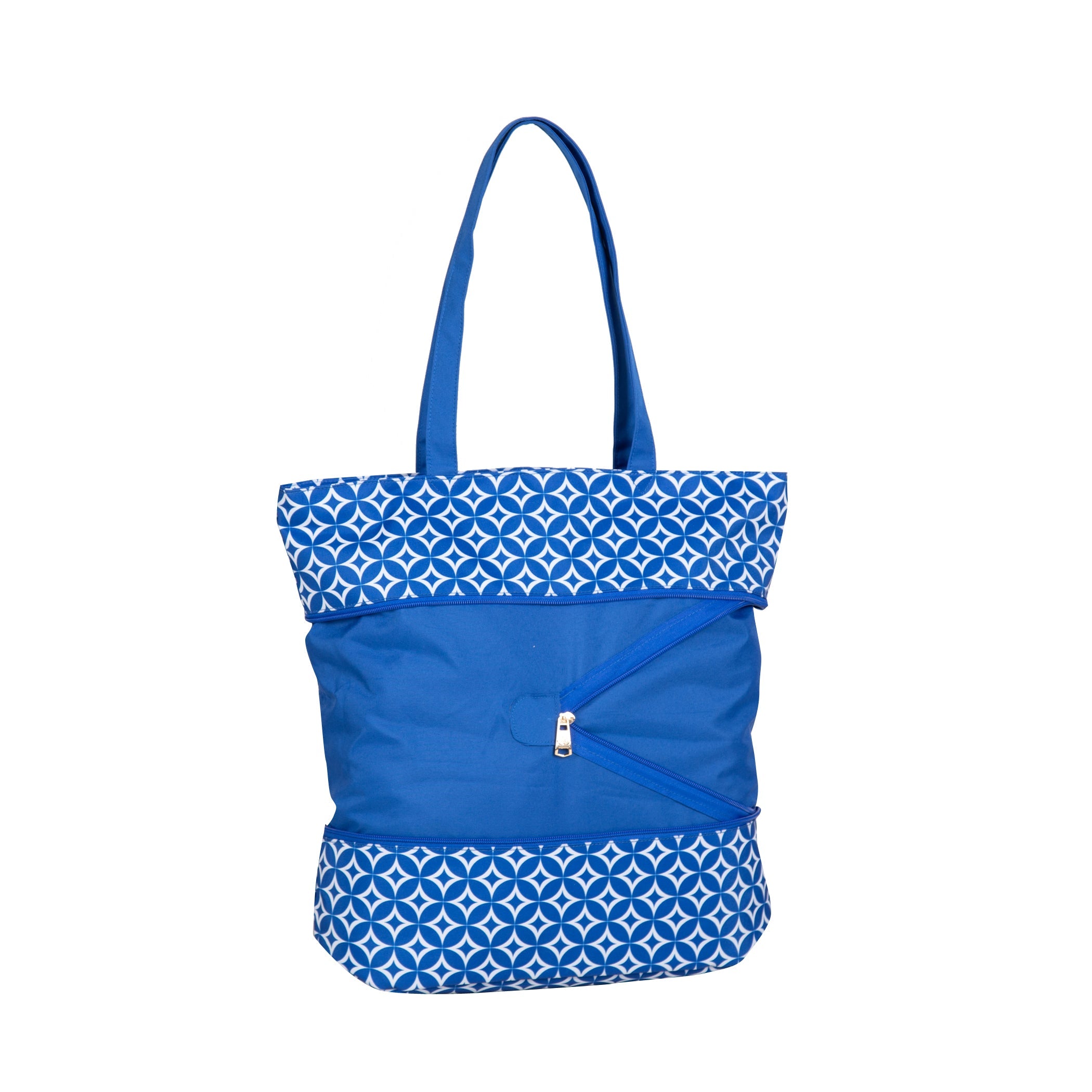 Blue tote bag with white geometric pattern on a white background