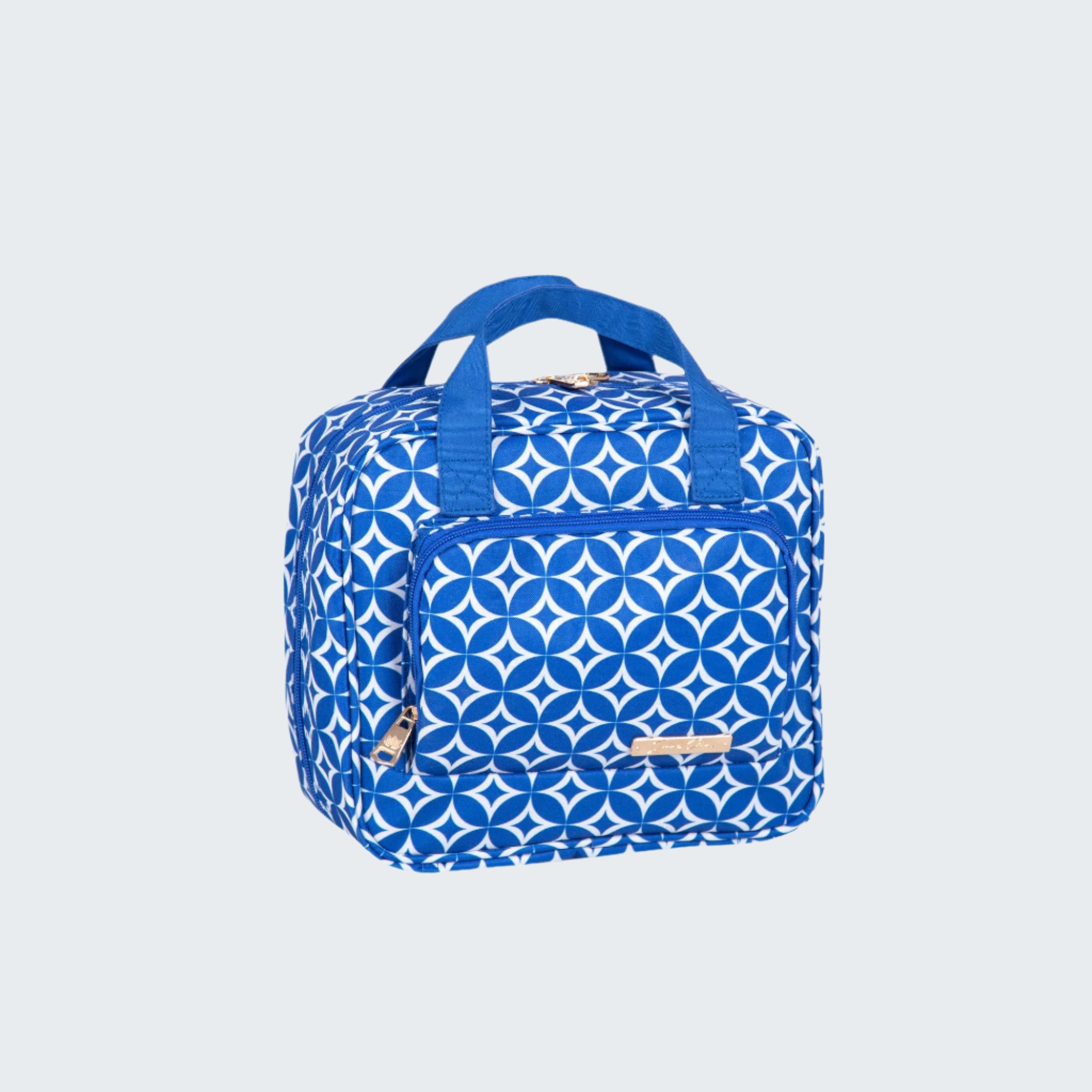 Blue and white patterned bag with handles on a white background