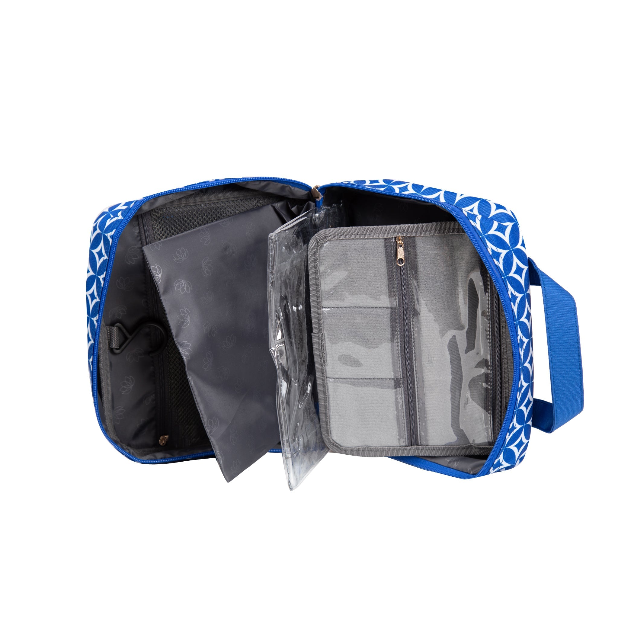 Blue toiletry bag with clear compartments on a white background