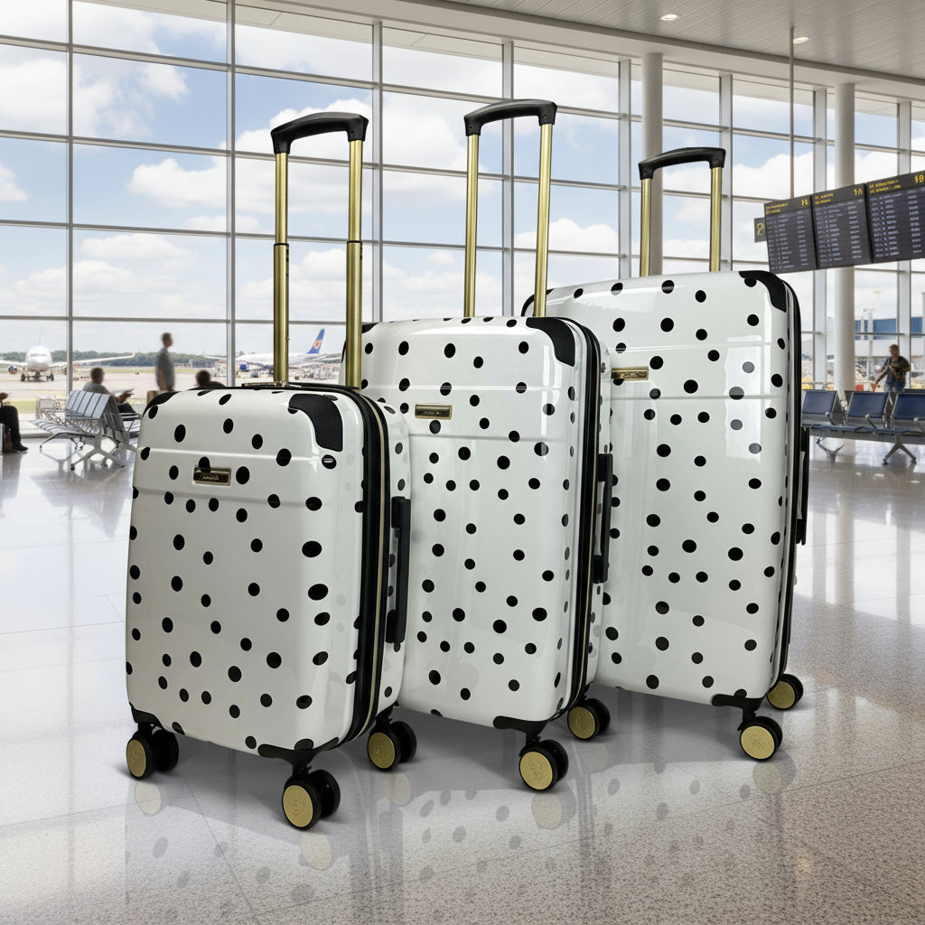 Set of three polka dot suitcases on a white background