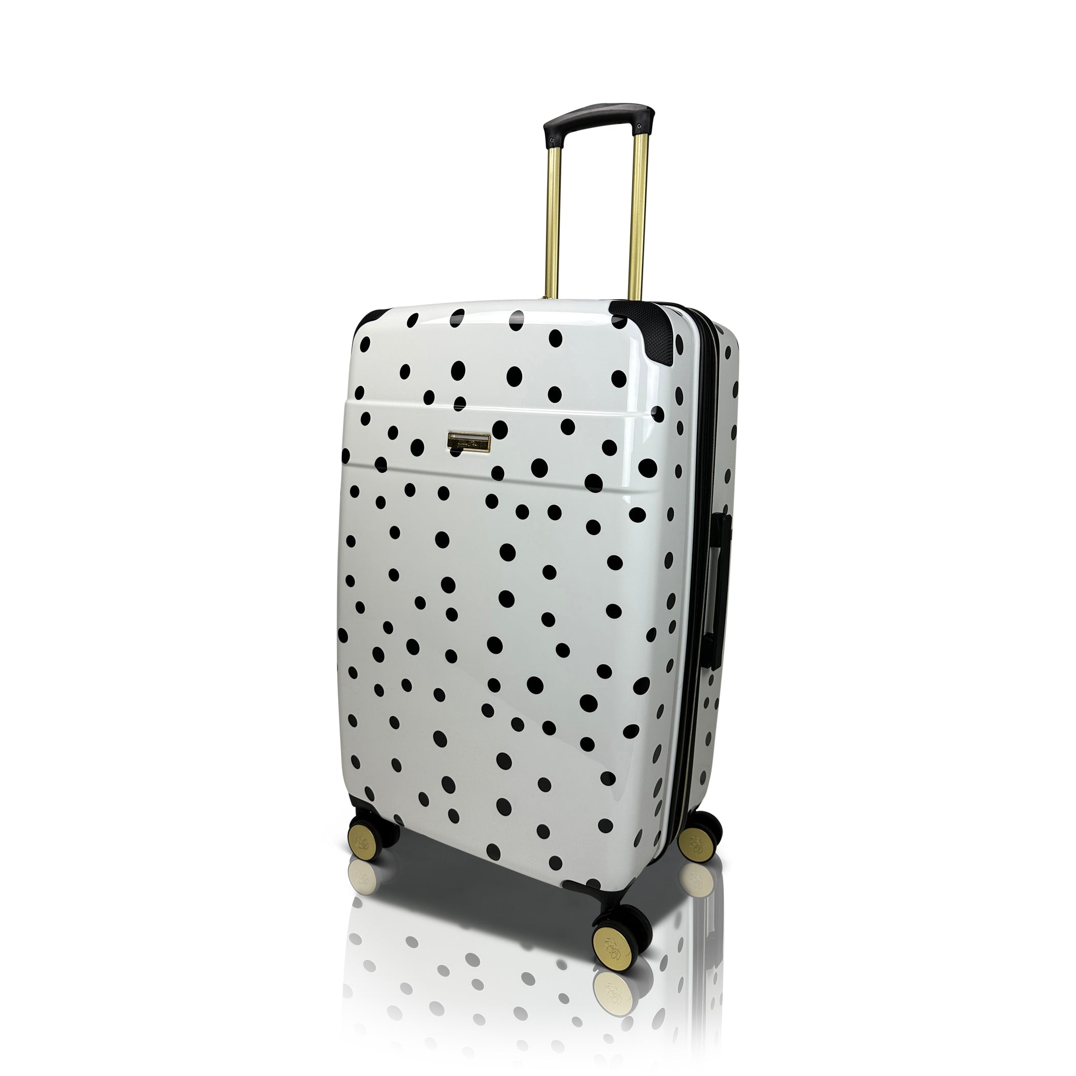White suitcase with black polka dots on a white background