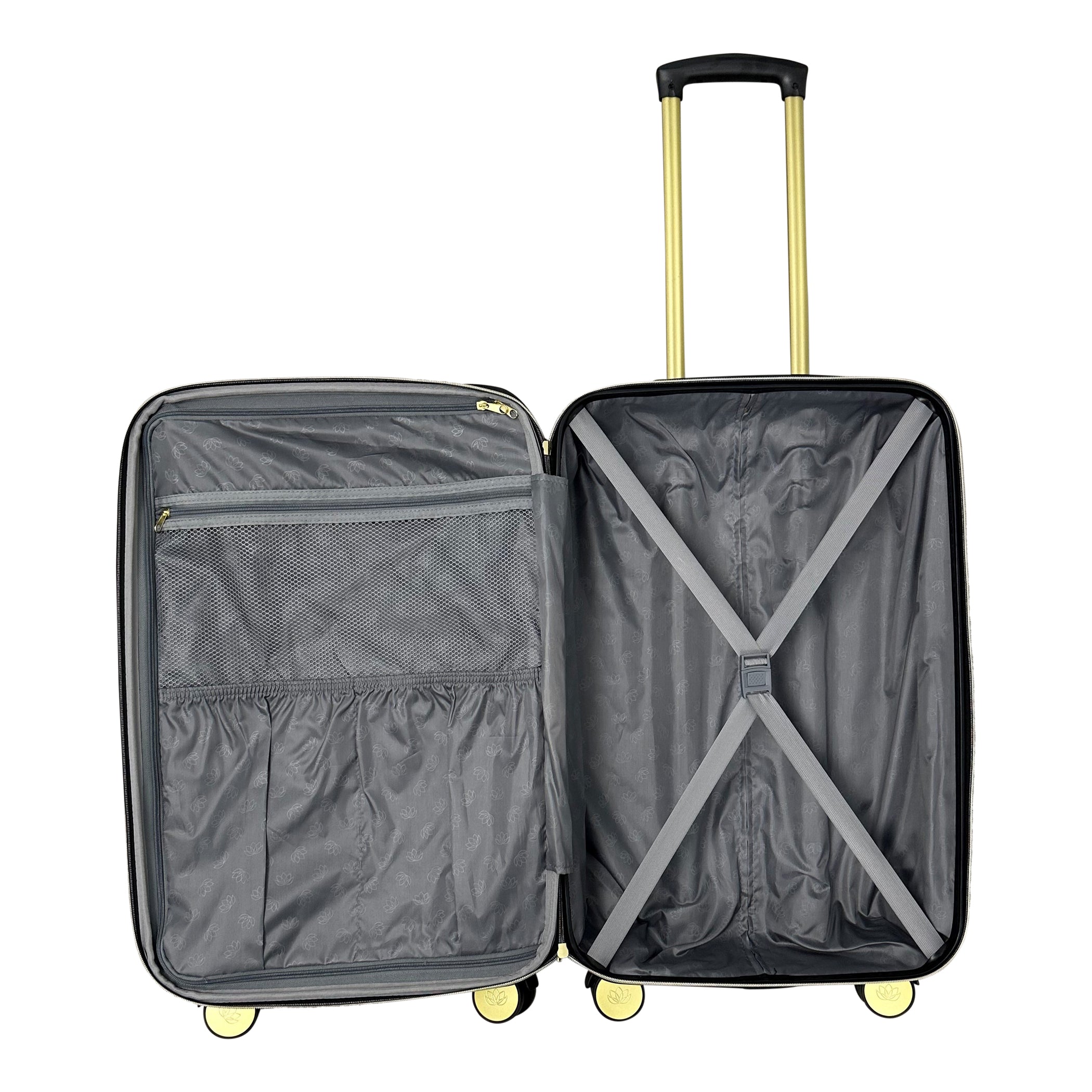 Open gray suitcase with wheels on a white background