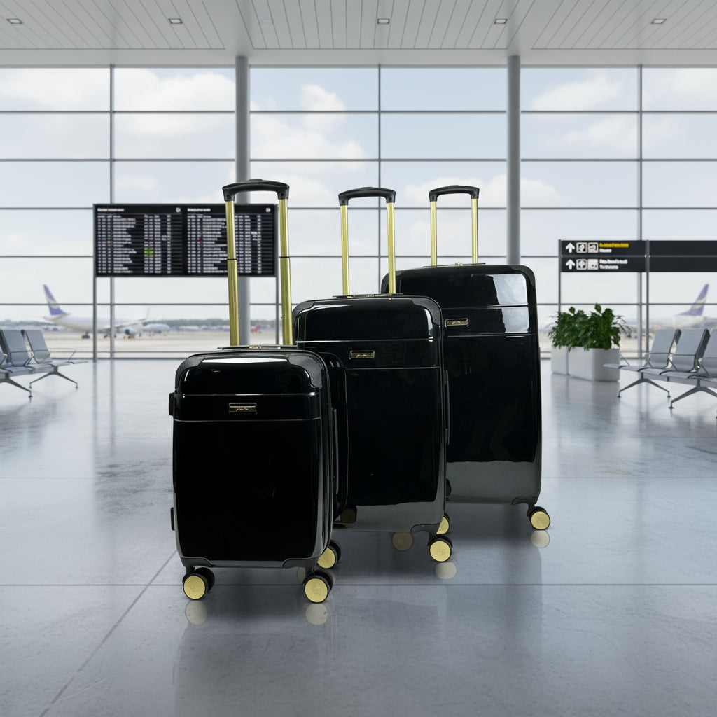 Set of three black suitcases with gold handles on a white background