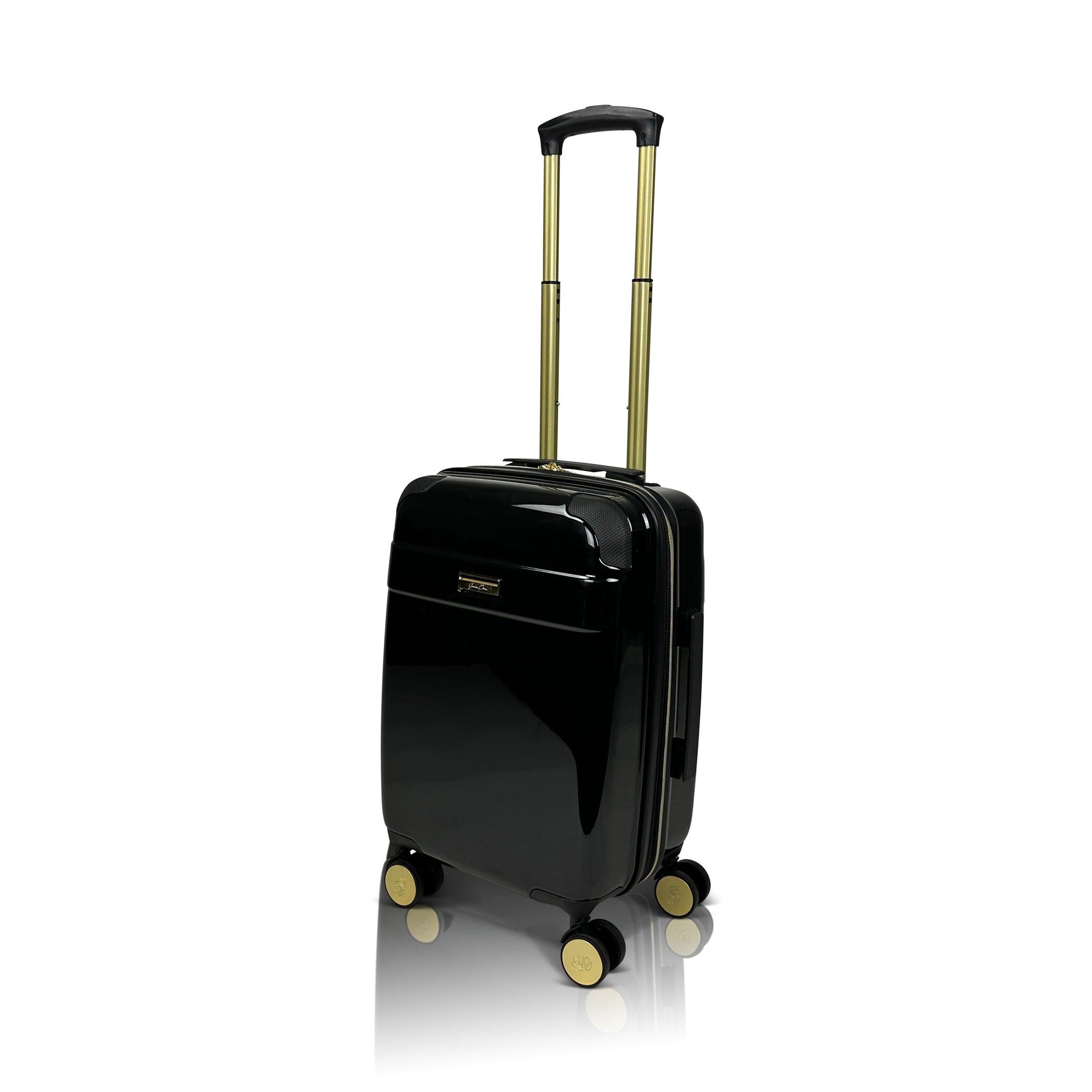 Black suitcase with gold accents on a white background