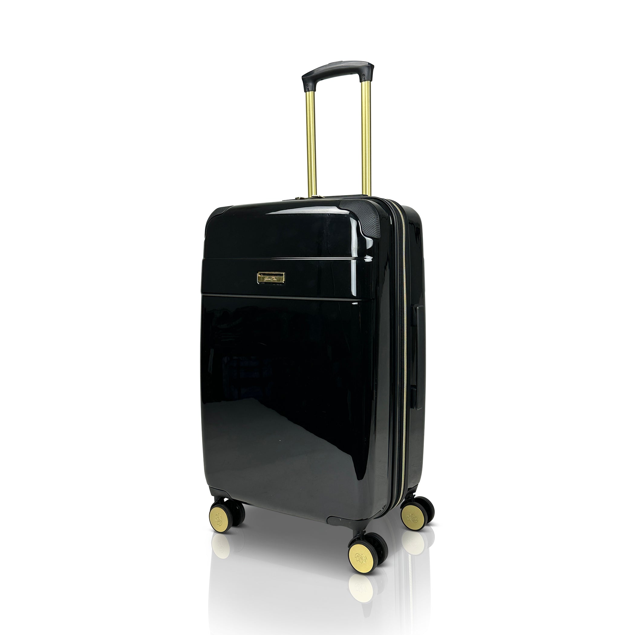 Black suitcase with gold accents on a white background