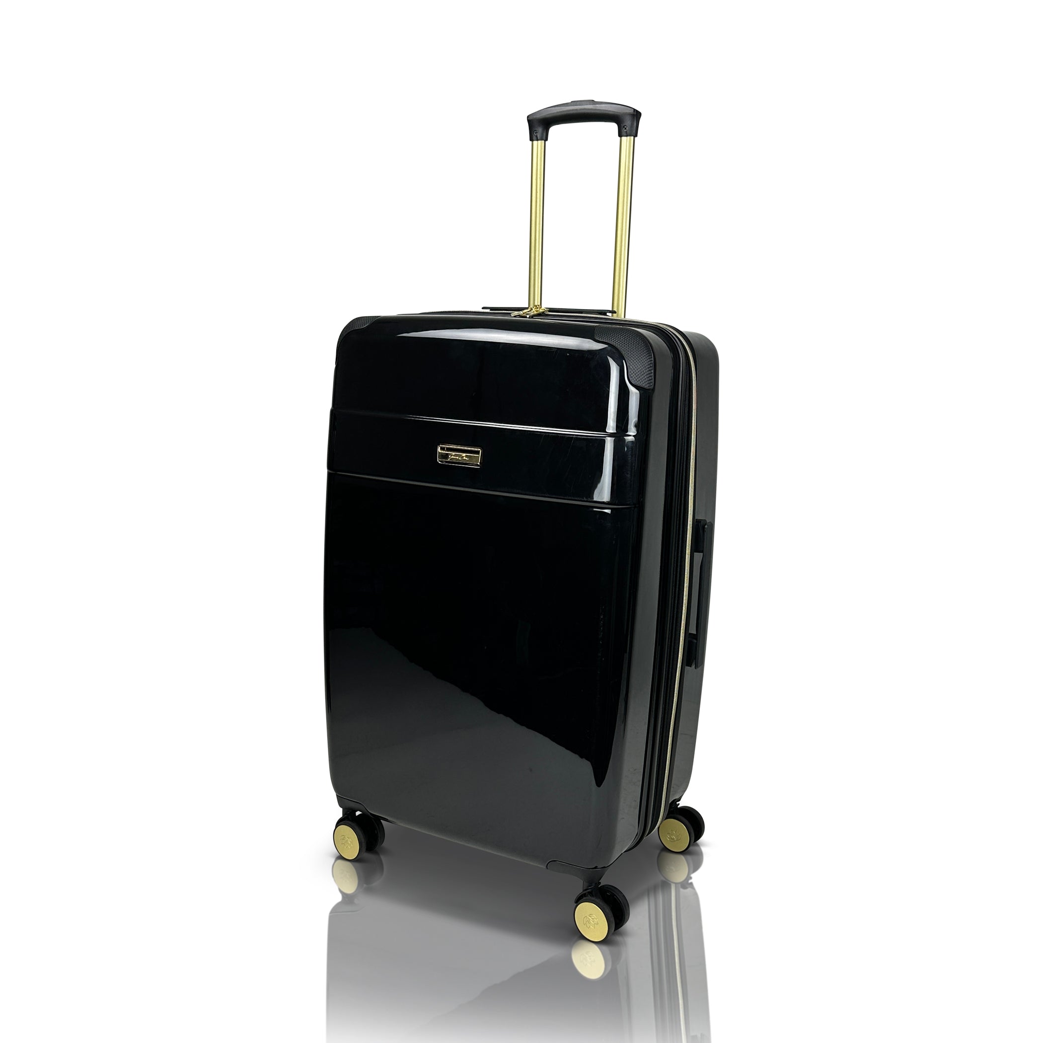 Black suitcase with gold handle and wheels on a white background