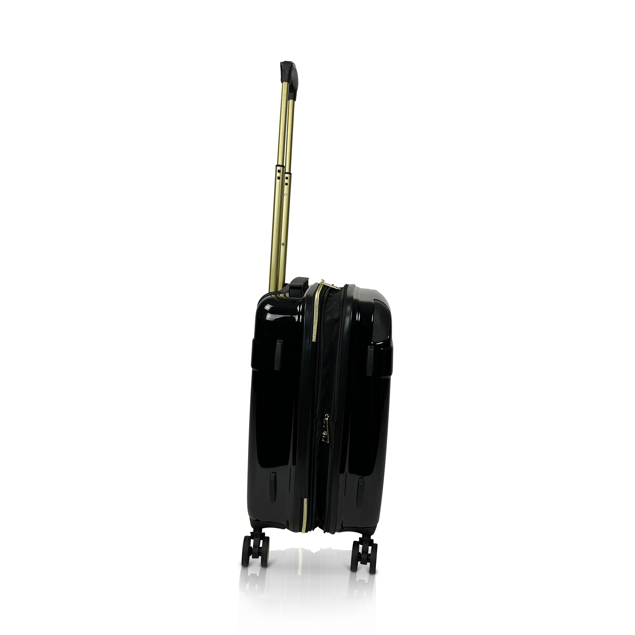 Black suitcase with gold handle on a white background