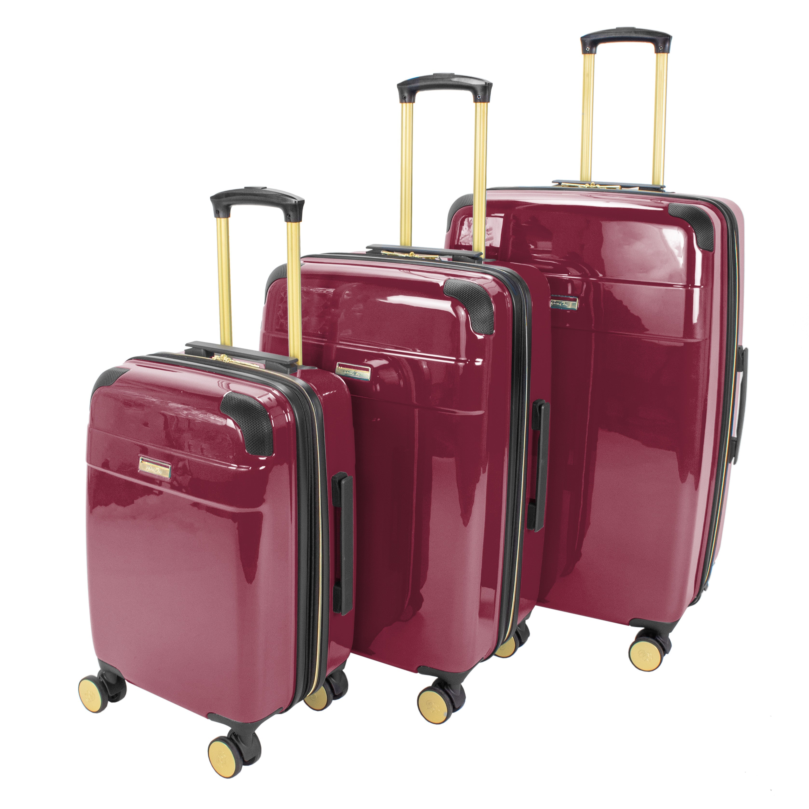 Set of three maroon suitcases with gold handles on a white background