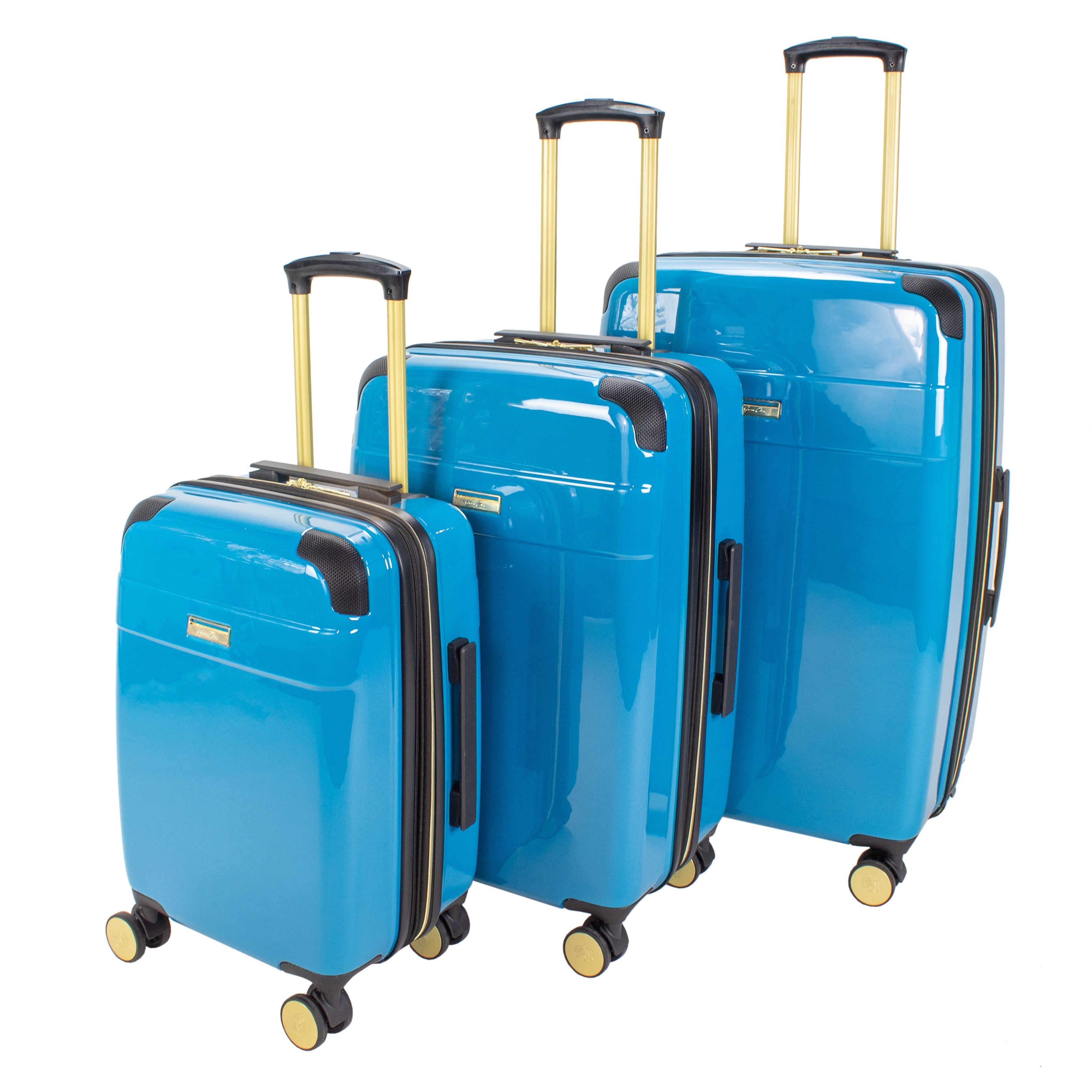 Set of three blue suitcases with gold handles on a white background