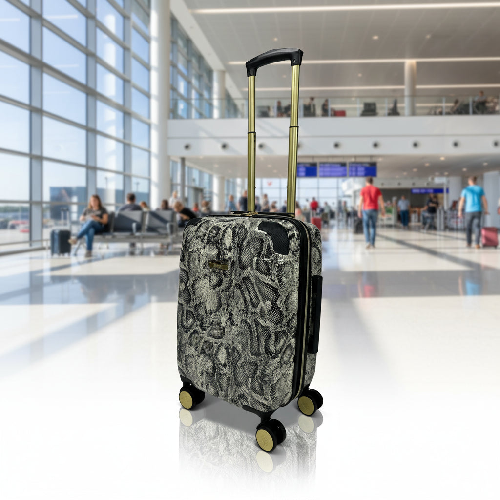 Patterned suitcase with wheels and handle on a white background