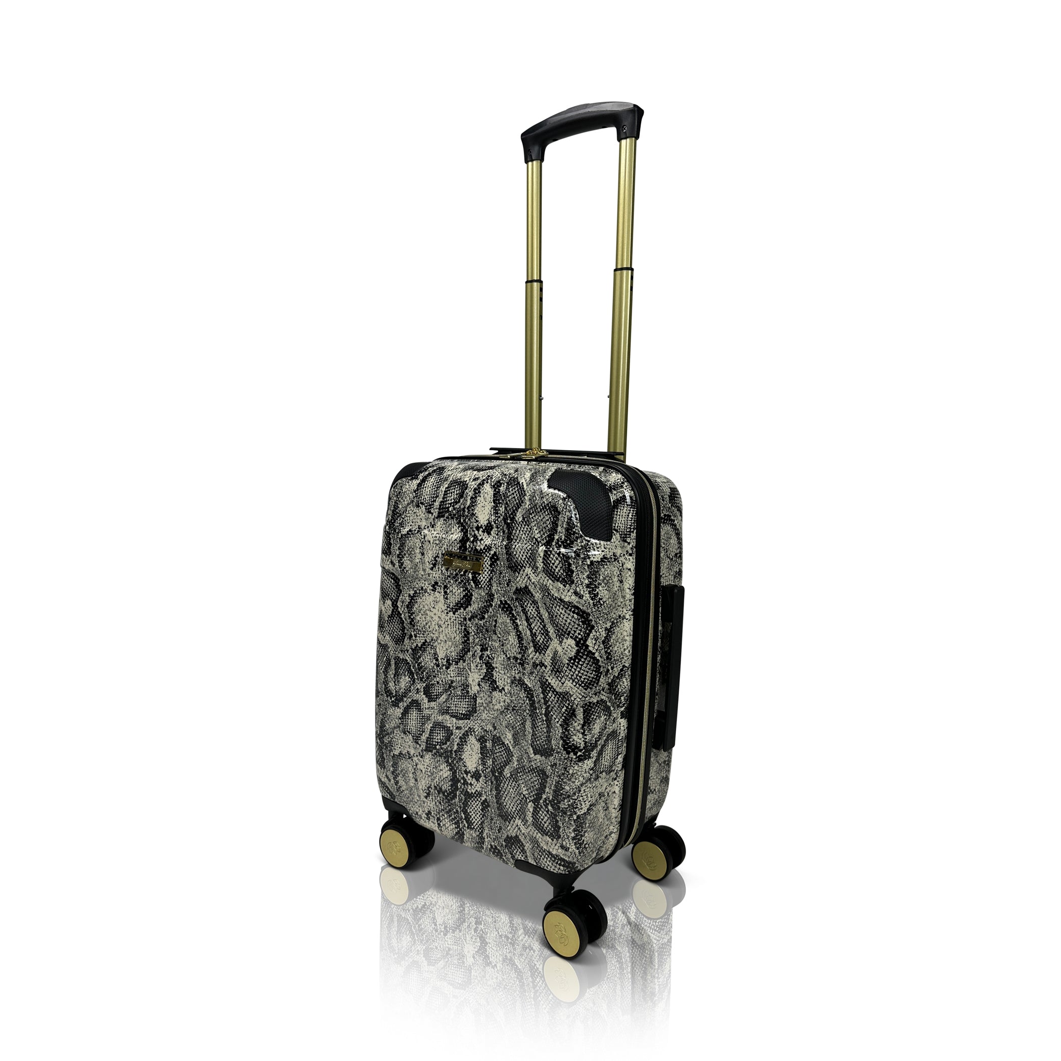 Patterned suitcase with wheels and handle on a white background