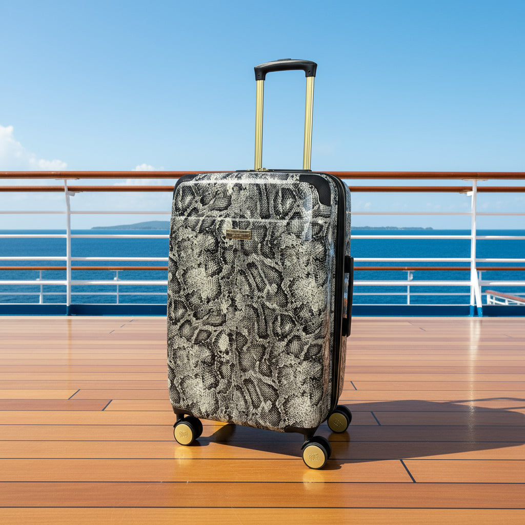 Patterned suitcase with gold wheels on a white background