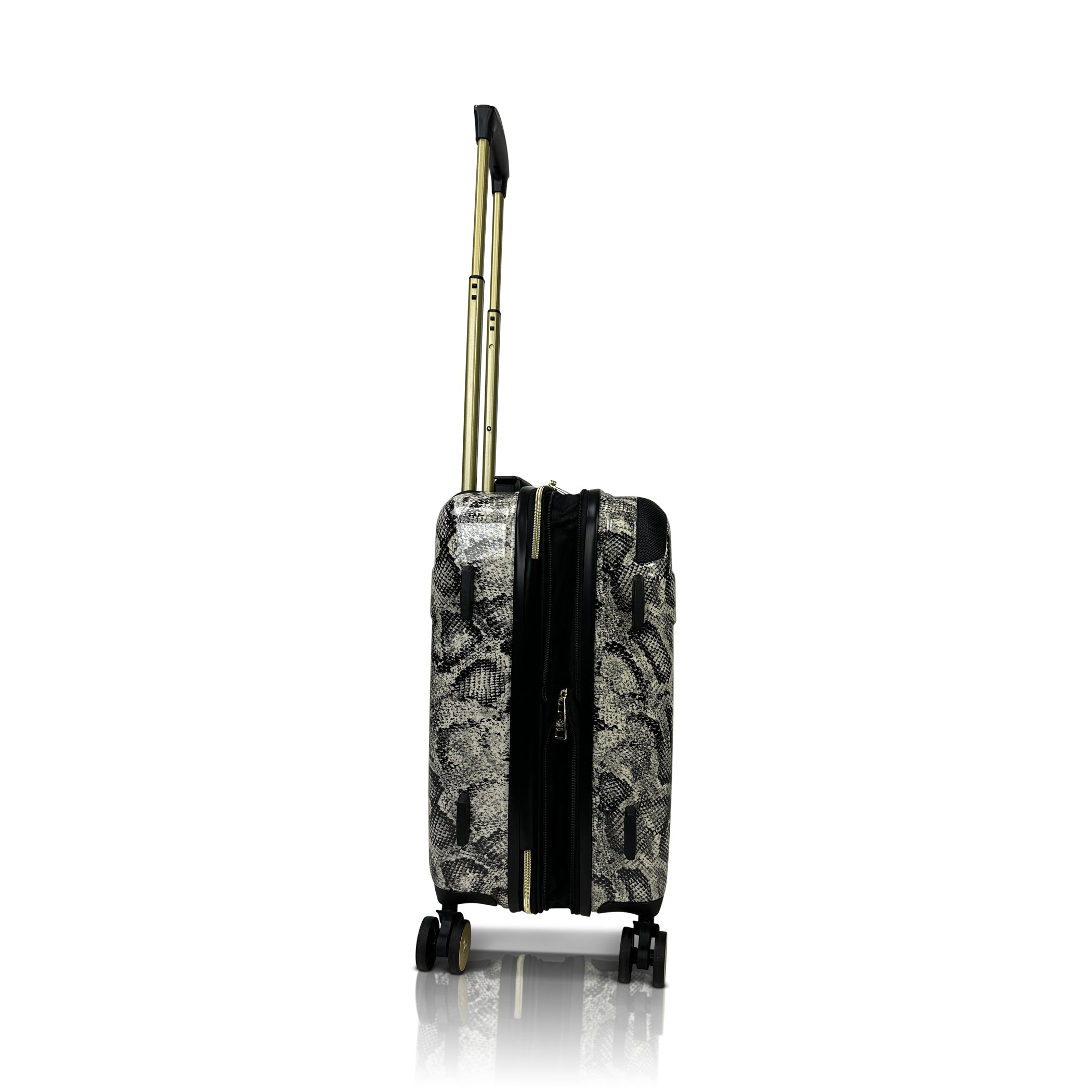 Patterned suitcase with a visible brand logo on a white background