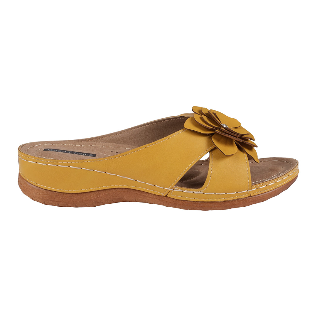 GC Shoes Women's Joy Yellow Flower Flat Sandals