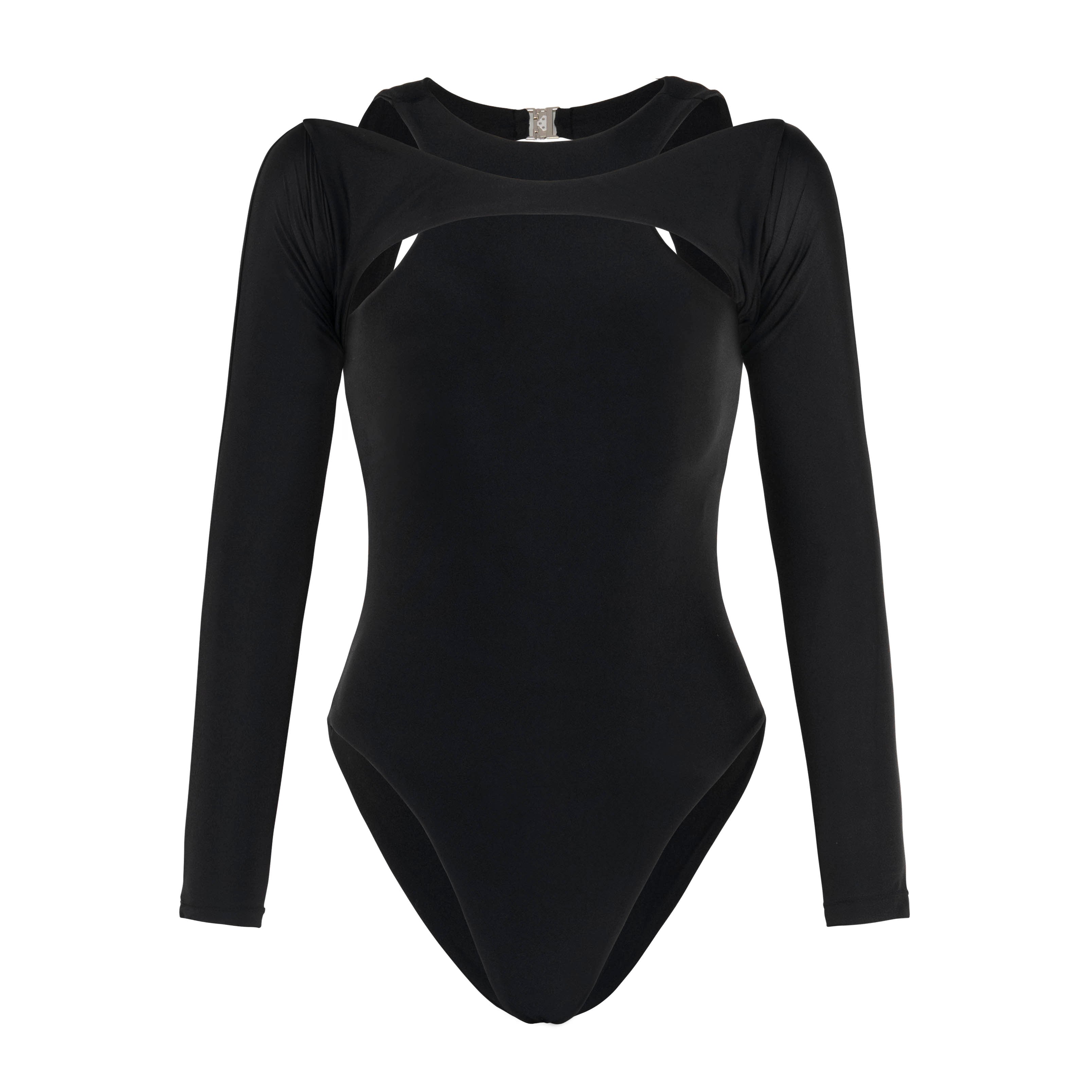 Black bodysuit with long sleeves on a white background