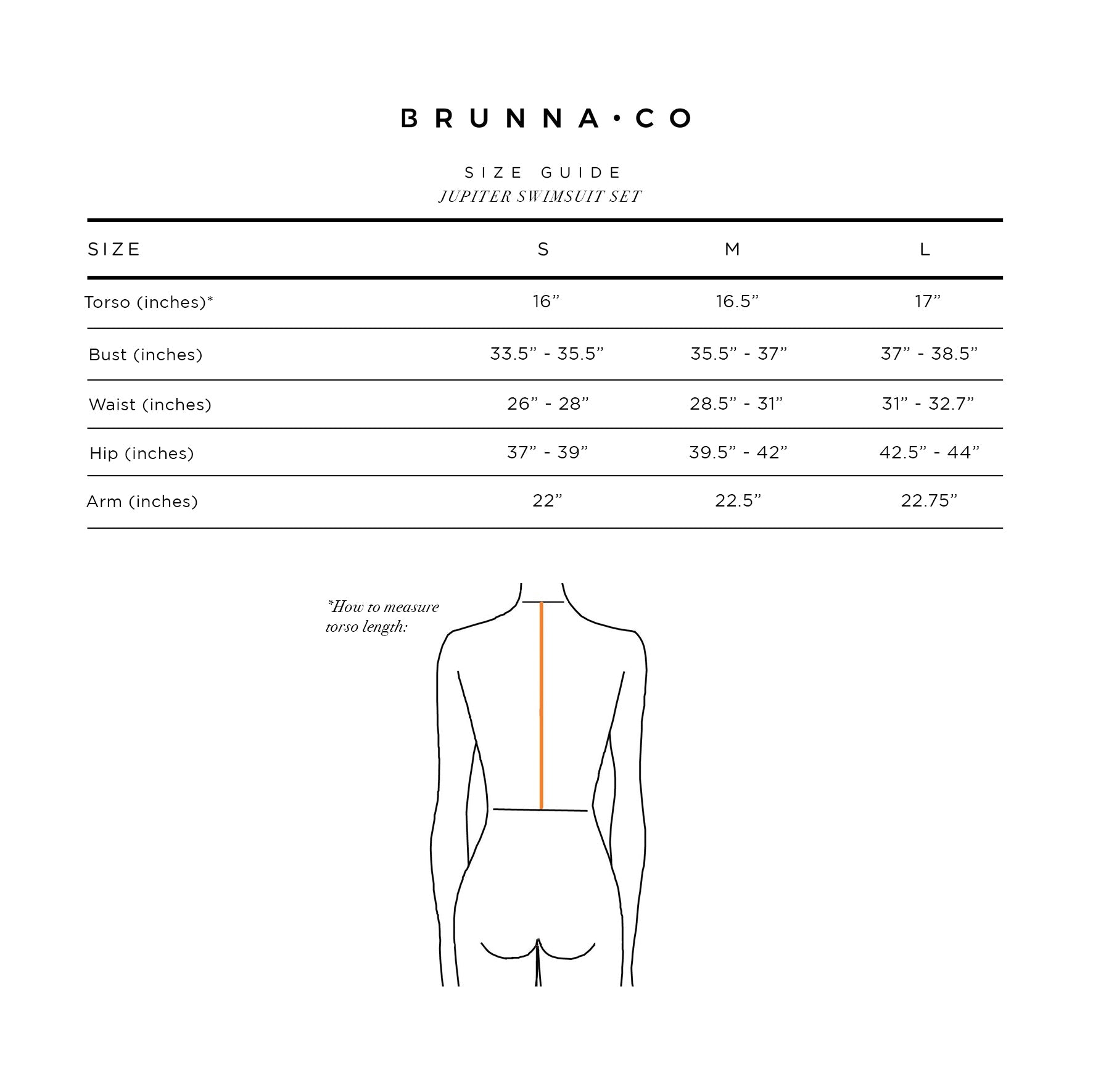 Brunna & Co size guide for Jupiter swimsuit set with measurements in inches.