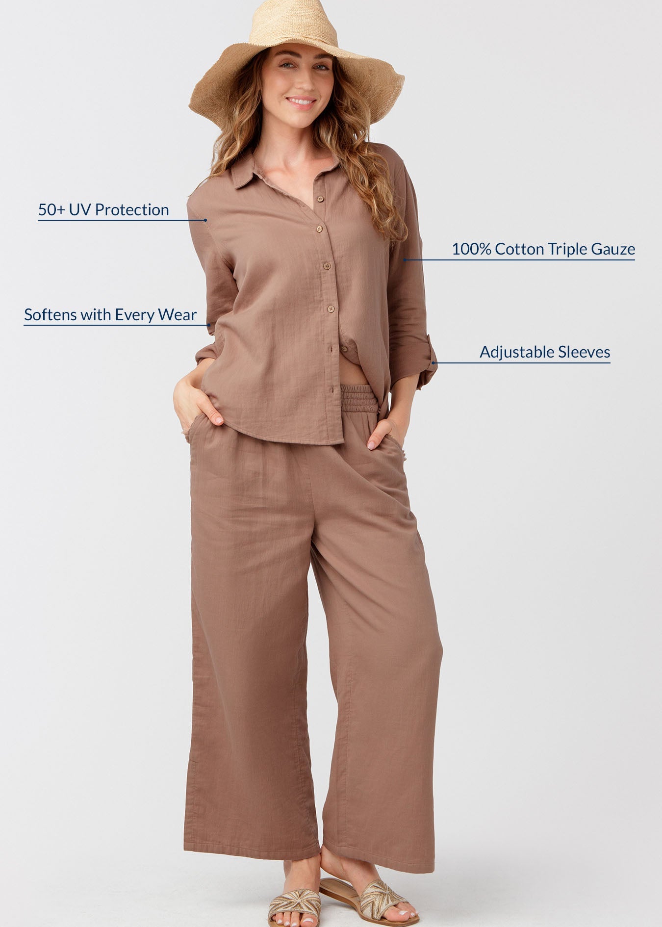 Woman wearing a brown outfit with a sun hat on a white background