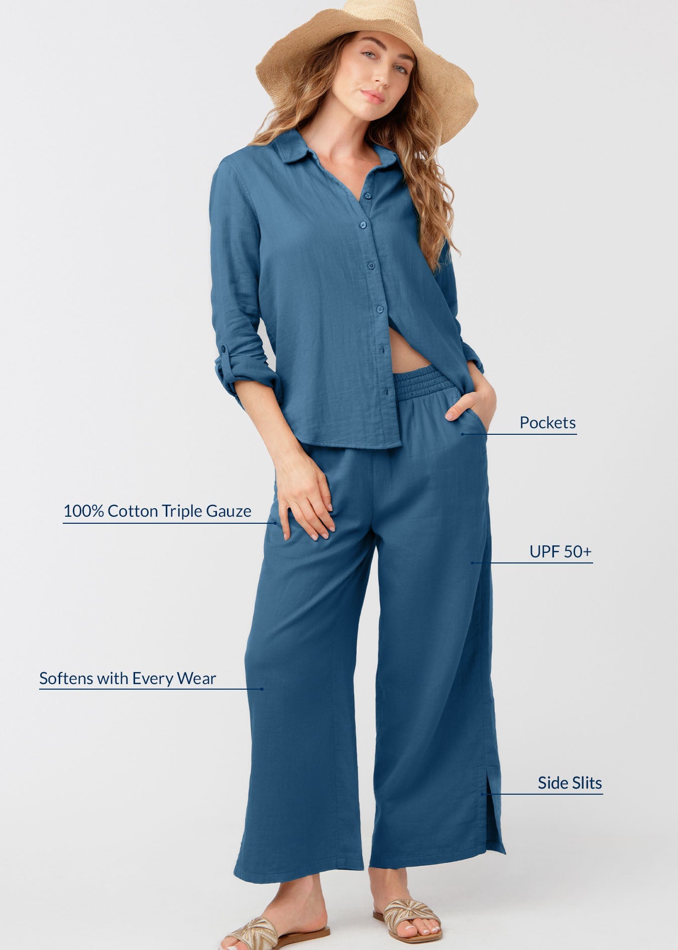 Woman wearing a blue outfit with text highlighting features on a white background