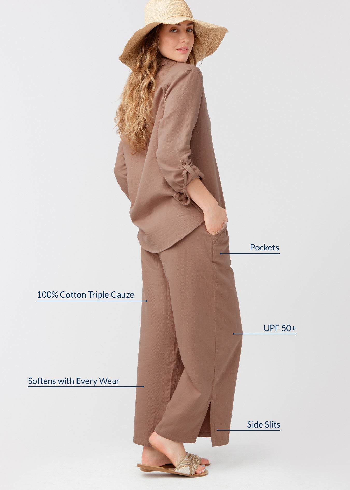 Woman wearing a brown outfit with text highlighting features on a white background