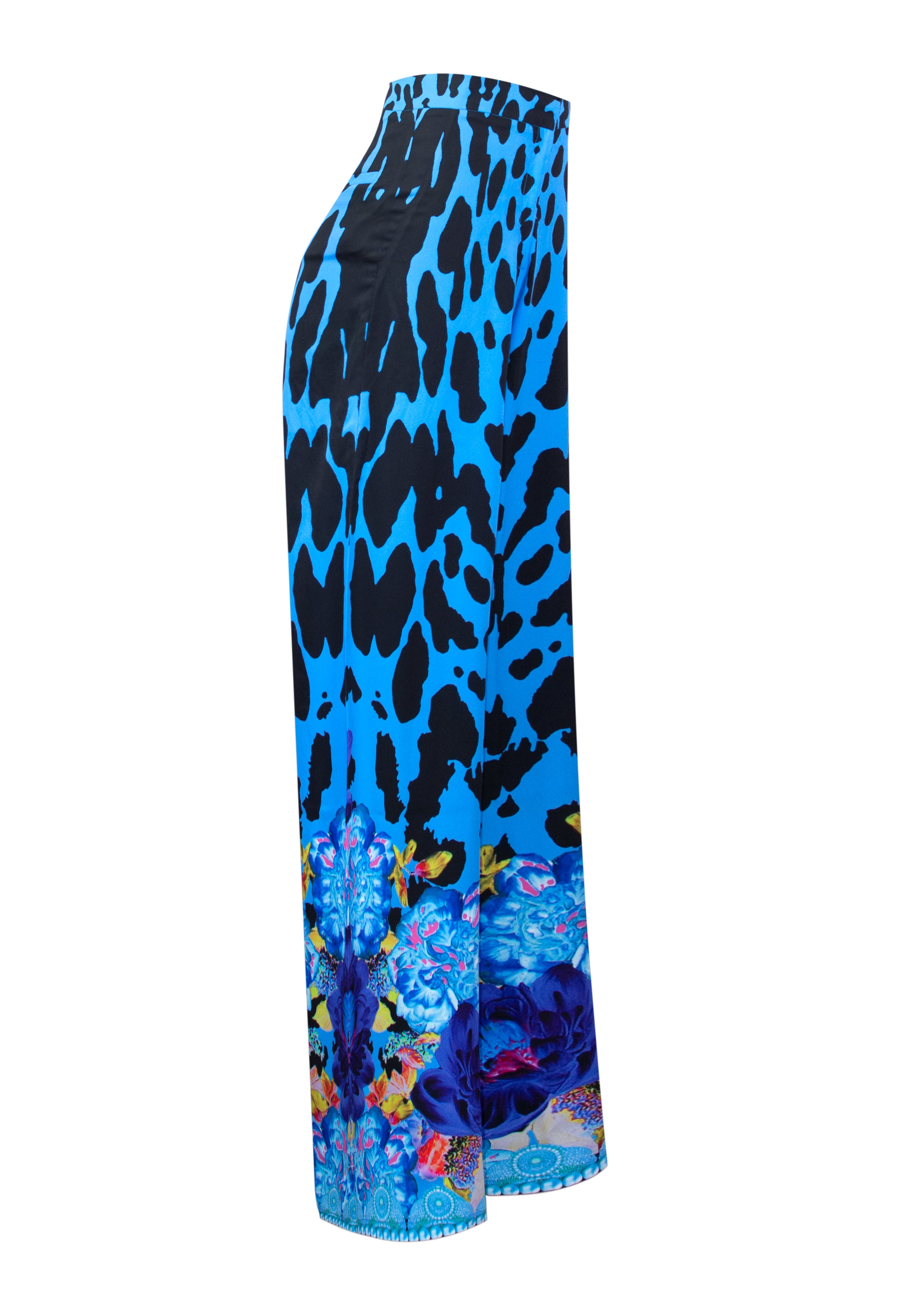 Blue and black patterned pants with floral design at the bottom on a white background