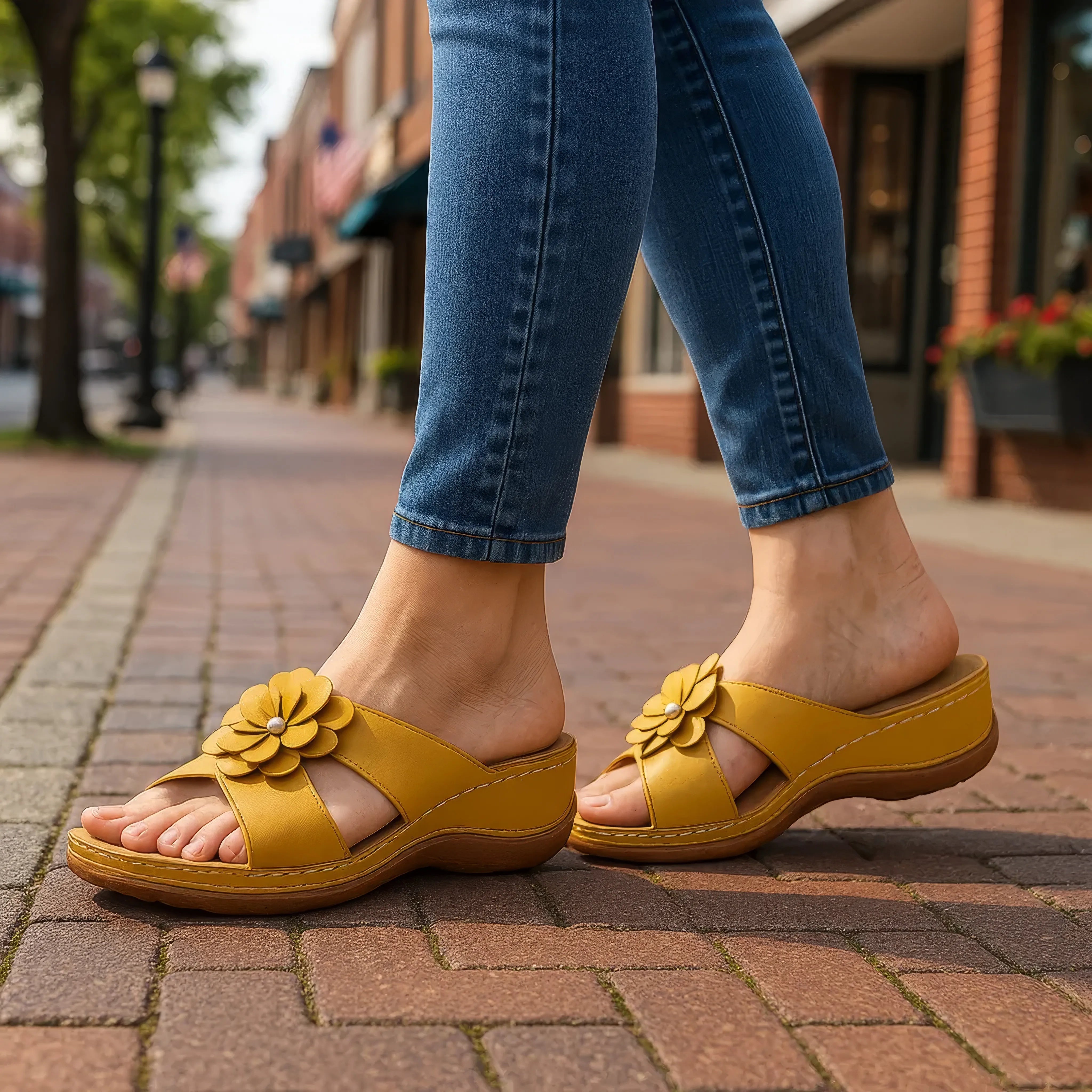 GC Shoes Women's Joy Yellow Flower Flat Sandals