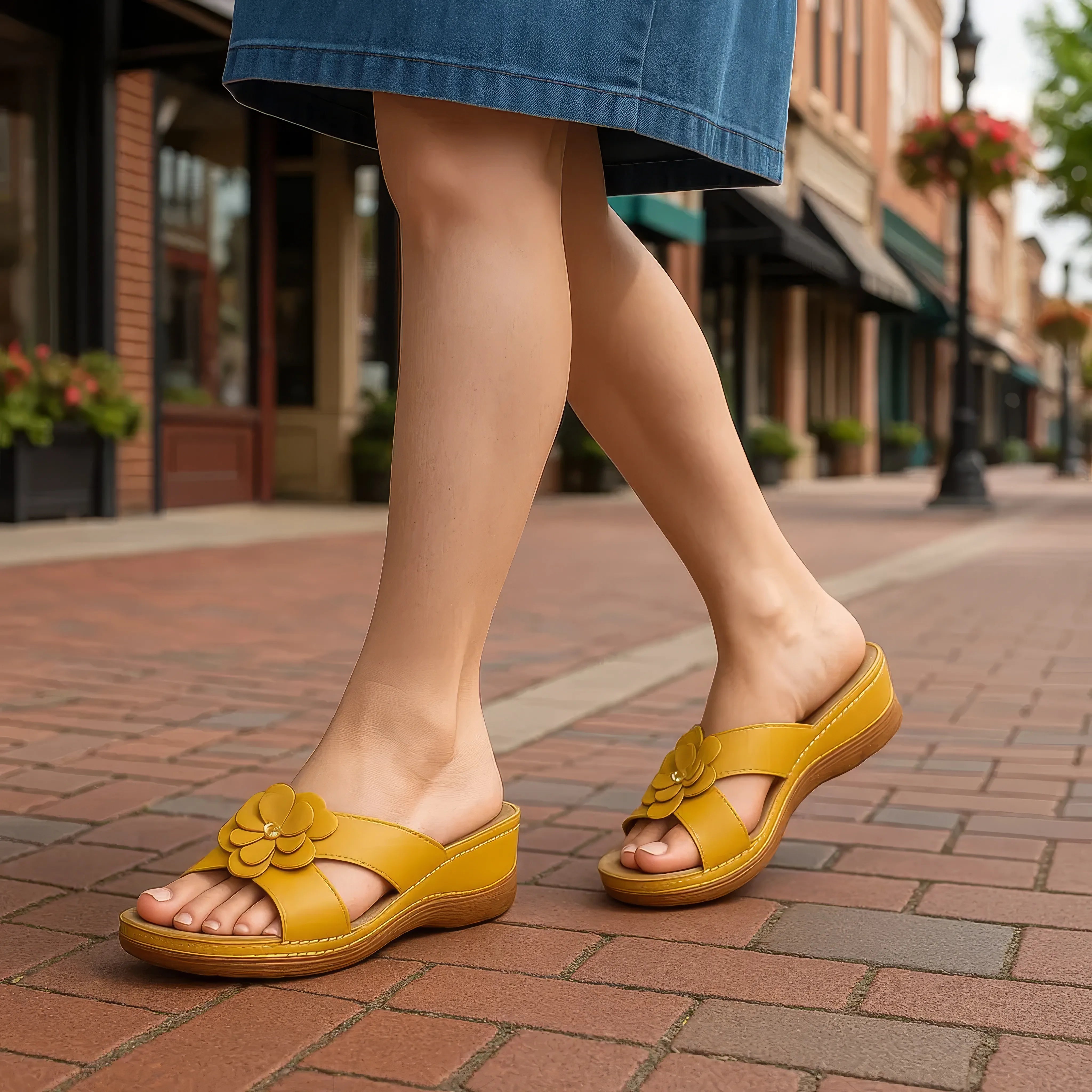 GC Shoes Women's Joy Yellow Flower Flat Sandals