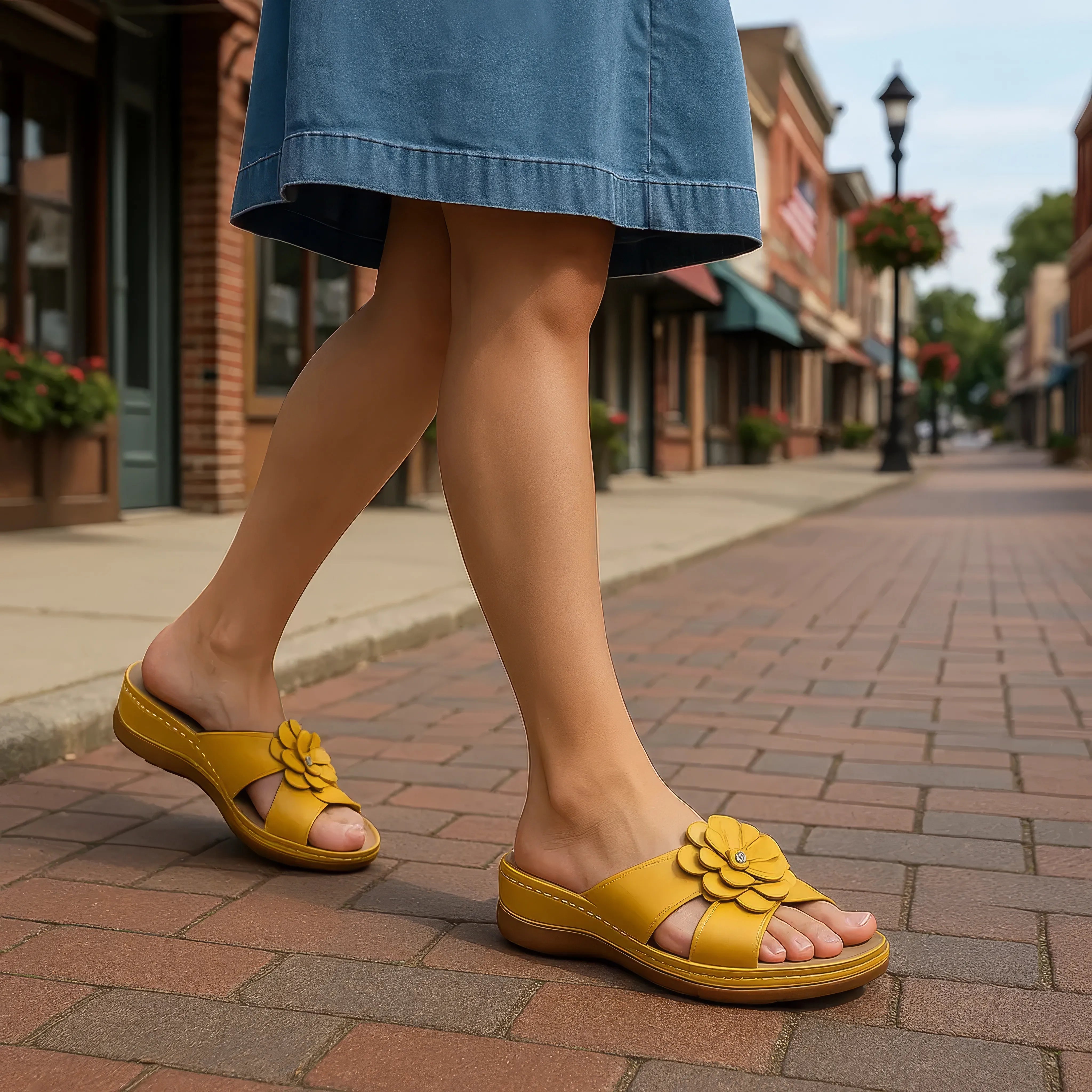 GC Shoes Women's Joy Yellow Flower Flat Sandals