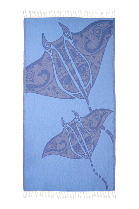 Blue towel with stingray design on a white background
