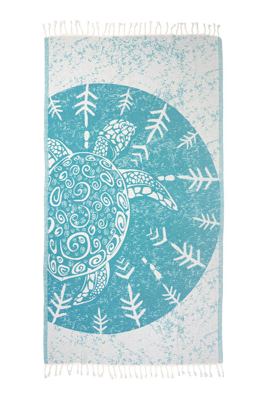 Towel with a turtle design on a blue and white background