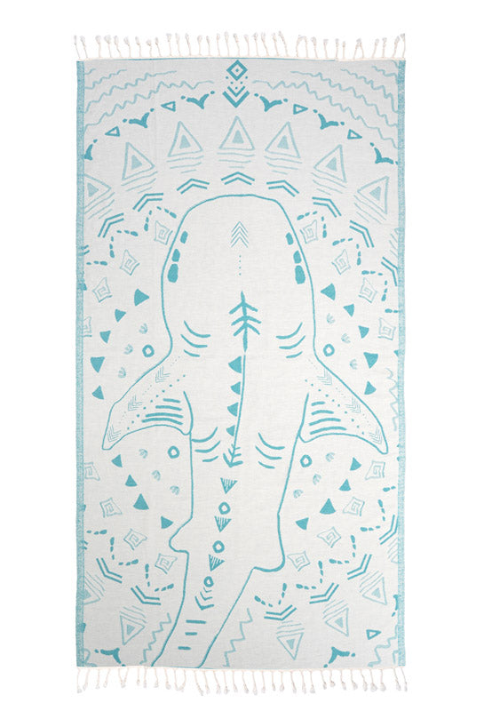 Towel with shark design and geometric patterns on a white background
