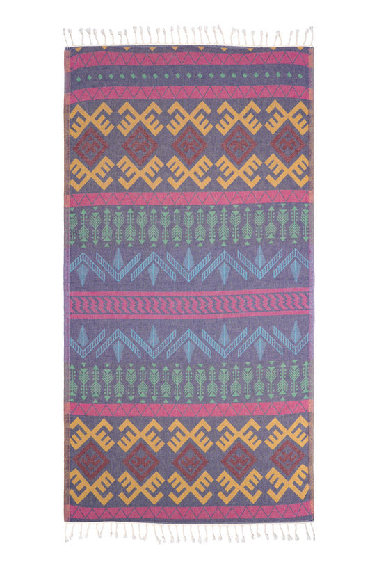 Multicolored patterned rug with geometric design on a white background