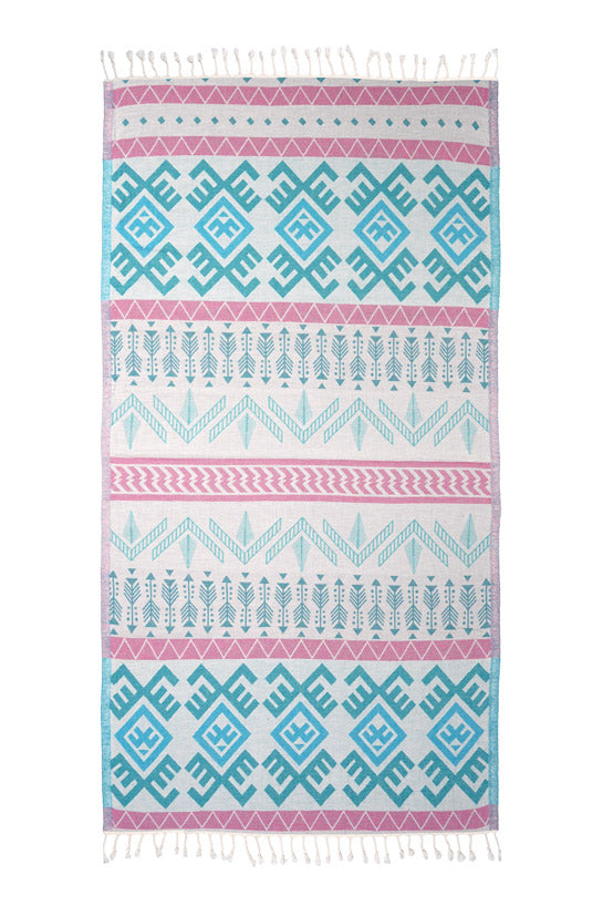Towel with geometric pattern in blue and pink on a white background