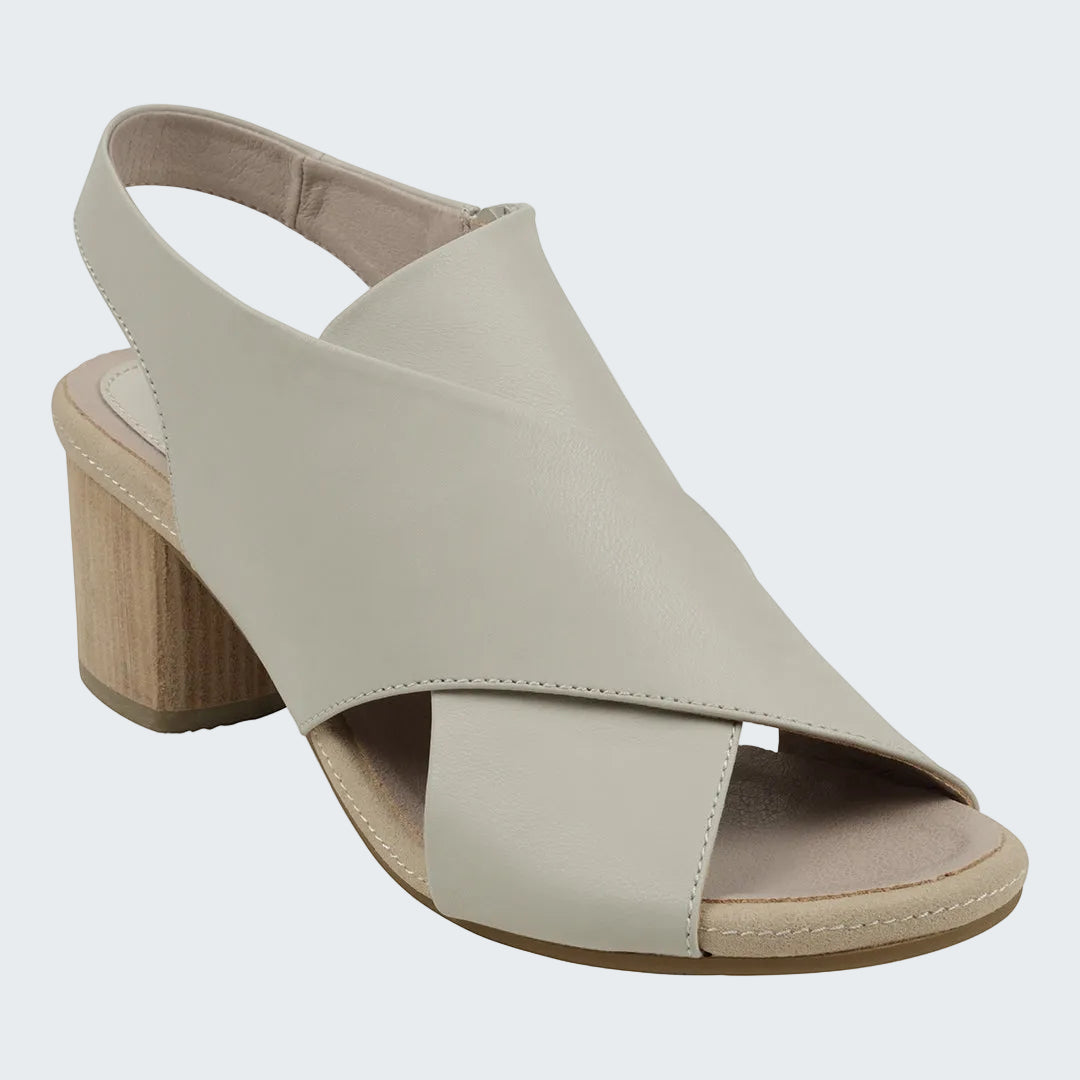 Light gray sandal with a wooden heel on a white background