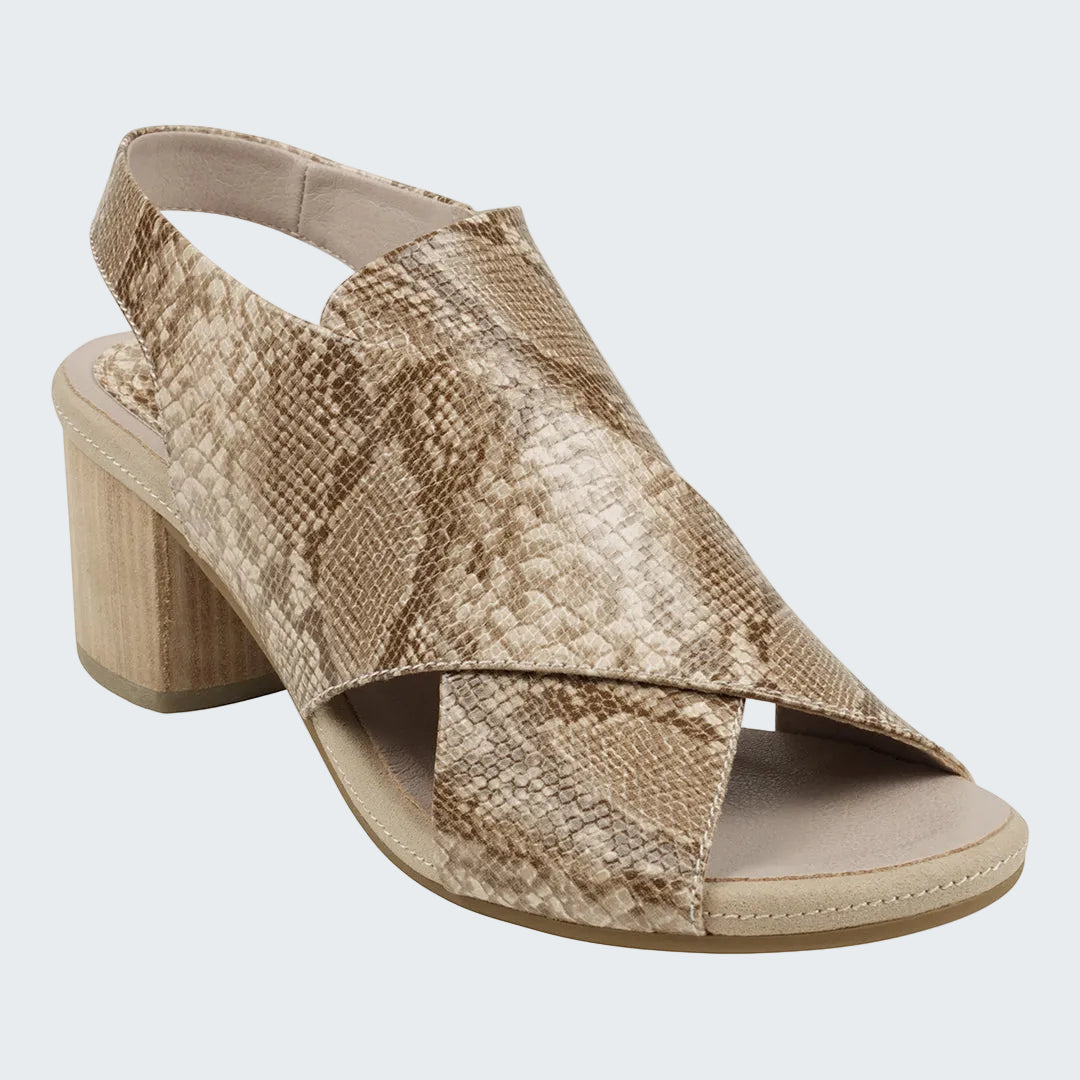 Beige snake print sandal on a white background