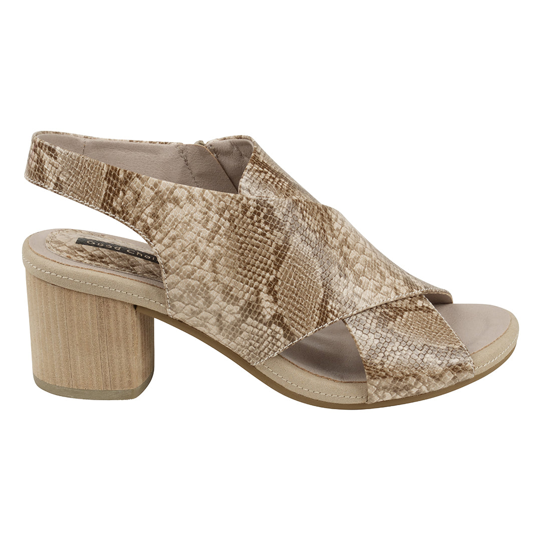 Beige snake print sandal with a block heel on a white background