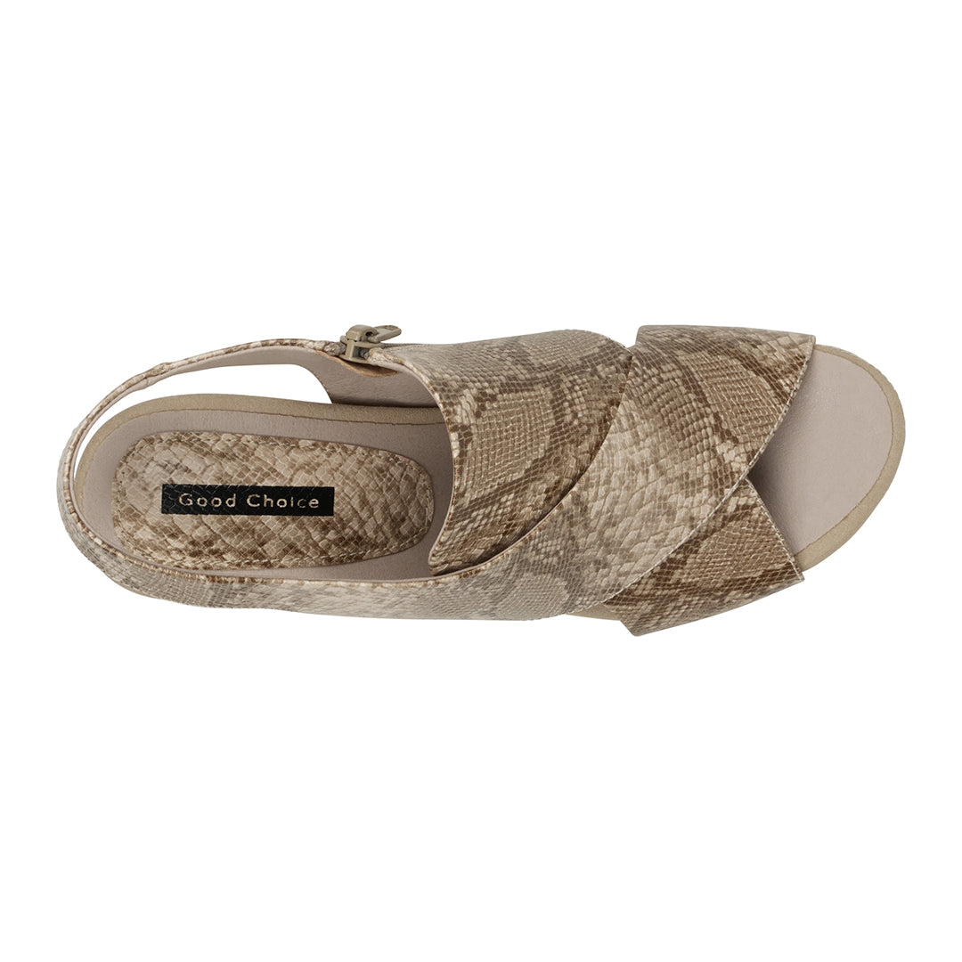 Snake print sandal with 'Good Choice' label on a white background