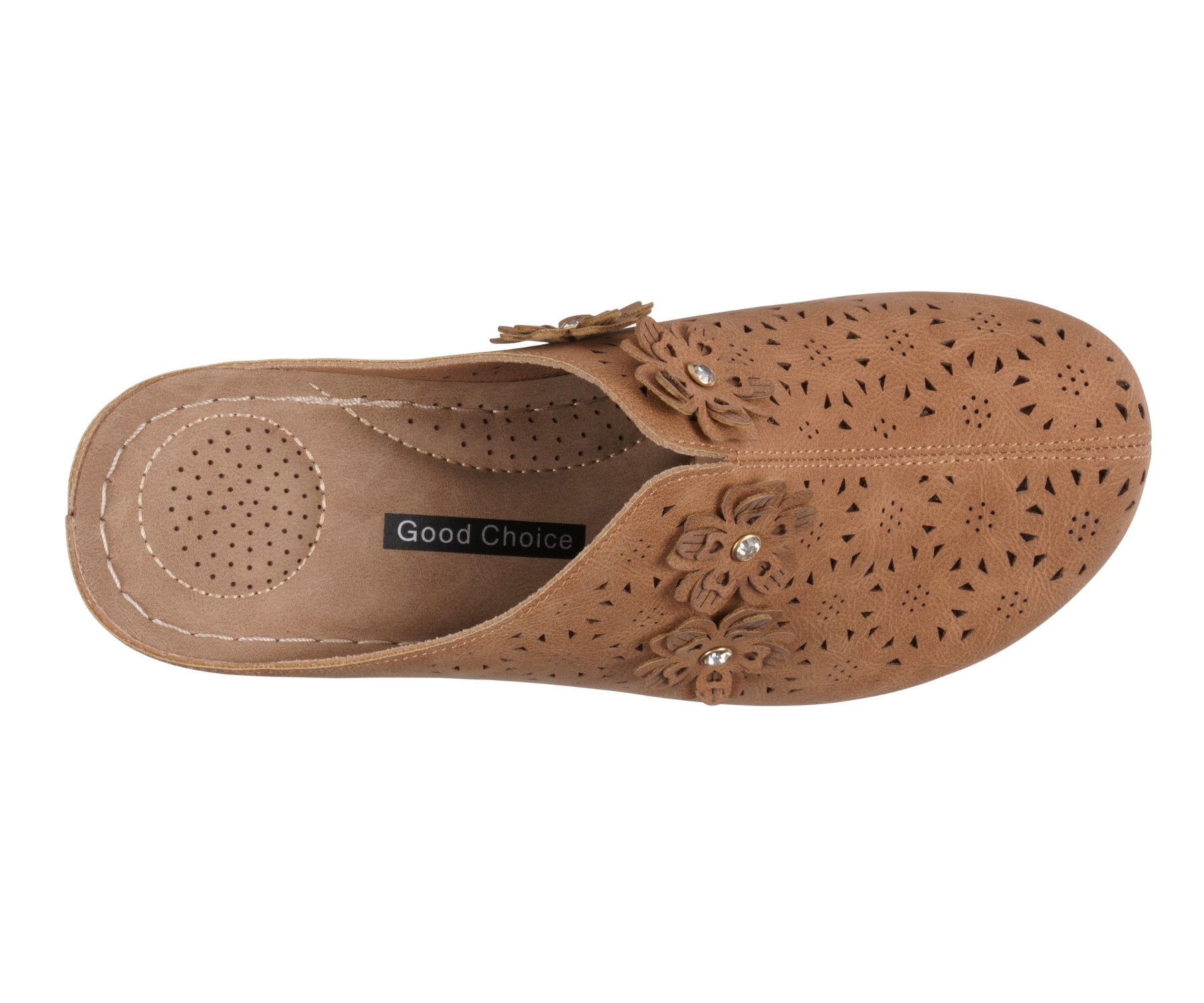 Brown sandal with floral cut-out design on a white background