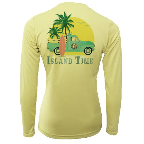 Yellow long-sleeve shirt with a graphic of a truck, palm trees, and 'Island Time' text on a white background.