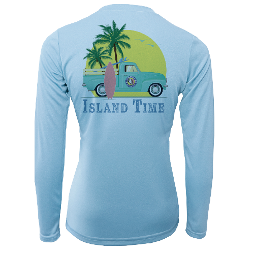 Light blue long-sleeve shirt with a tropical graphic and 'Island Time' text on a white background
