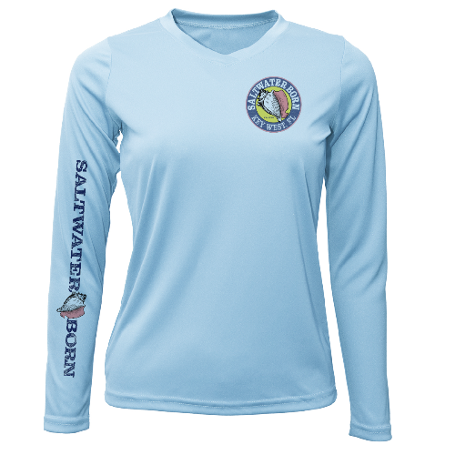 Light blue long-sleeve shirt with 'Saltwater Born' branding on a white background