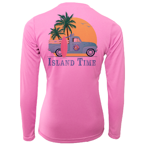 Pink long-sleeve shirt with a graphic of a truck, palm trees, and 'Island Time' text on the back.