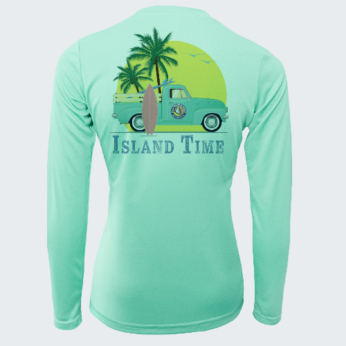 Mint green long-sleeve shirt with a tropical graphic and 'Island Time' text on a white background
