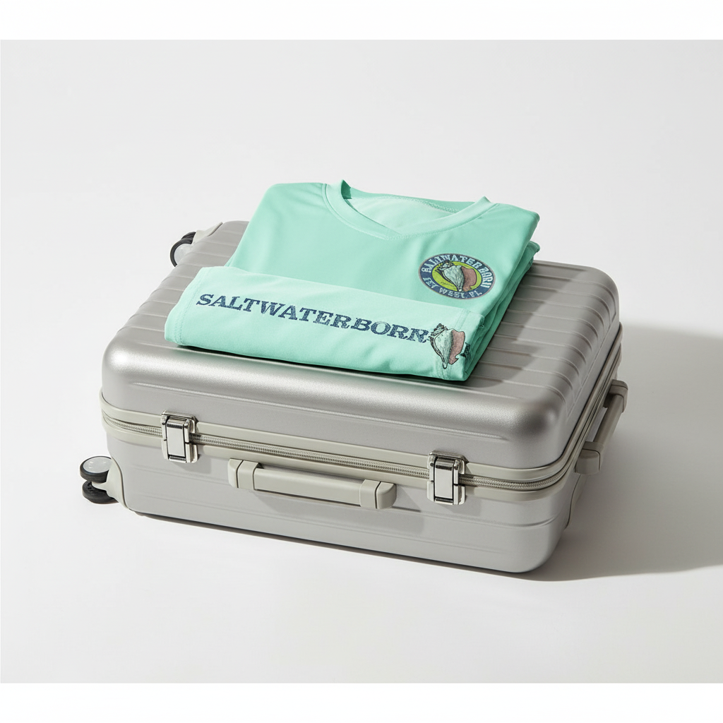 Mint green long-sleeve shirt with 'Saltwater Born' branding on a white background