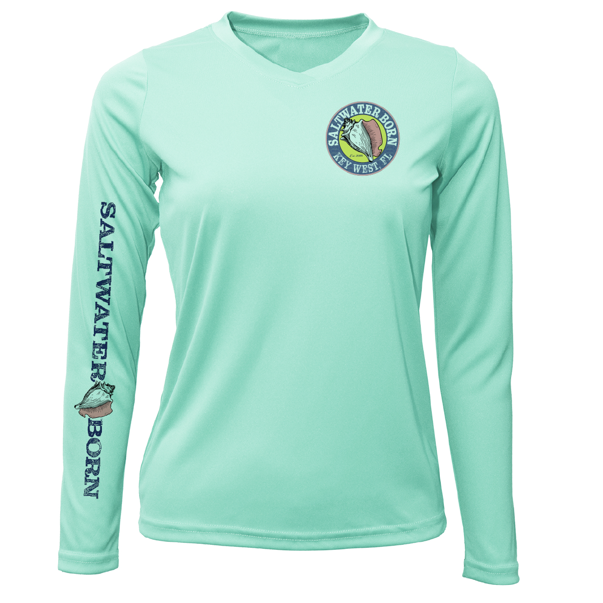 Mint green long-sleeve shirt with 'Saltwater Born' branding on a white background