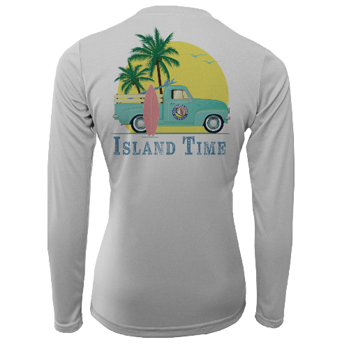 Gray long-sleeve shirt with a tropical graphic and 'Island Time' text on the back.
