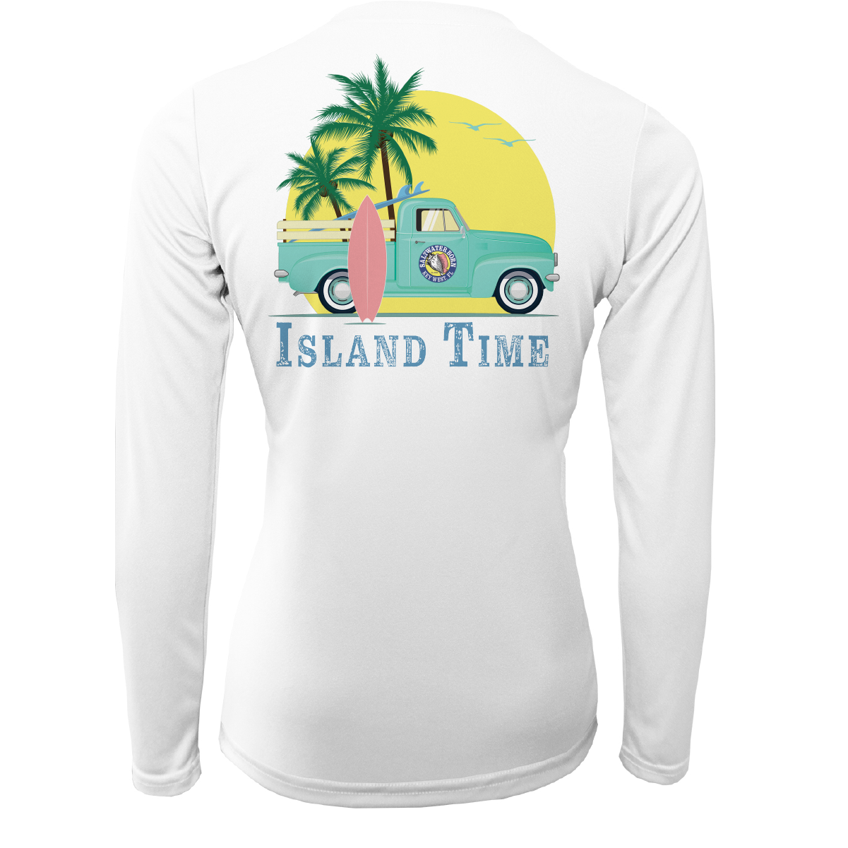 White long-sleeve shirt with a tropical design featuring a truck, palm trees, and 'Island Time' text on a white background.
