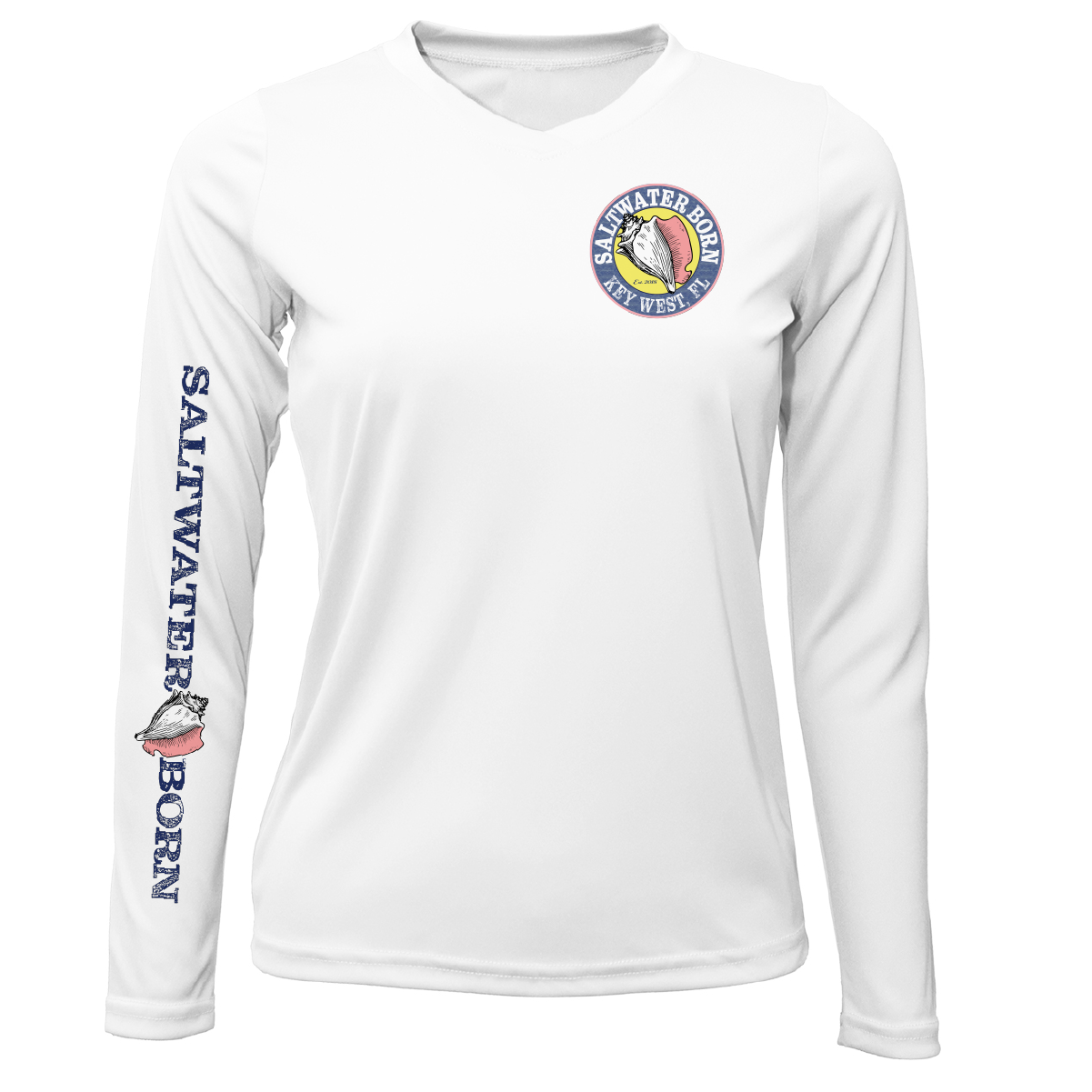 White long-sleeve shirt with 'Saltwater Born' logo and text on a white background
