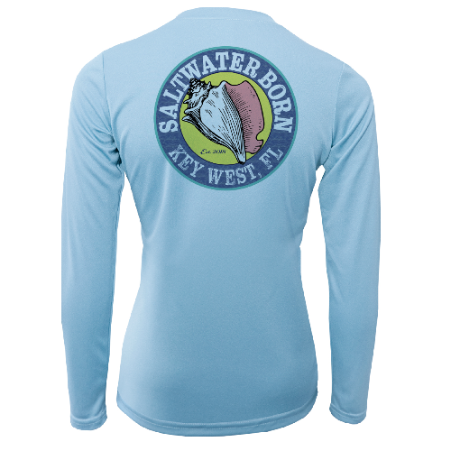Light blue long-sleeve shirt with 'Saltwater Born Key West, FL' logo on the back against a white background